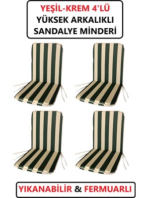 Sandalye Minderi Büyük Arkalıklı Yıkanabilir Fermuarlı  Lastikli 4'lü 4 cm Sünger Yeşil Krem Çizgili