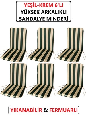 Sandalye Minderi Büyük Arkalıklı Yıkanabilir Fermuarlı  Lastikli 6'lı 4 cm Sünger Yeşil-Krem