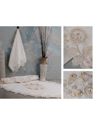 Leydi Home Gülistan Sultan Krem Oval Banyo Paspası 3 Parça