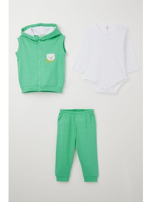 Breeze Erkek Bebek Zıbınlı 3 Lü Takım Sevimli Ayıcık Nakışlı Kapüşonlu 4 Ay-1 Yaş, Yeşil