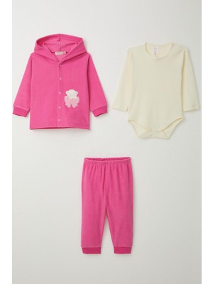Breeze Kız Bebek Zıbınlı 3 Lü Kadife Takım Sevimli Ayıcık Temalı 4 Ay-1 Yaş Fuşya