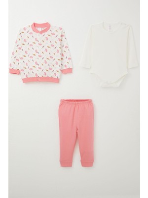 Breeze Kız Bebek Zıbınlı 3 Lü Takım Çiçek Desenli 4 Ay-1 Yaş Beyaz Özel Olay için