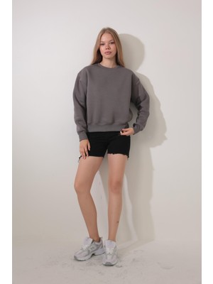 Amida Antrasit Arkası Gül Nakışlı Bisiklet Yaka Sweatshirt - 2432