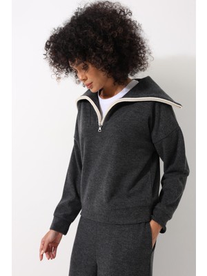 Amida Antrasit Selanik Kumaş Şal Yaka Oversize Fermuarlı Kadın Sweatshirt - 2441