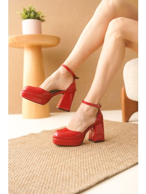 Moda Adam Kadın Gander Platformlu Topuklu Ayakkabı - Kırmızı-Rugan