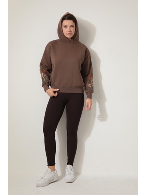 Amida Kahverengi Kolları Başak Nakışlı Kapüşonlu Sweatshirt - 2428