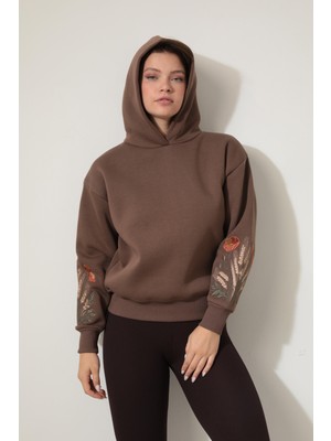 Amida Kahverengi Kolları Başak Nakışlı Kapüşonlu Sweatshirt - 2428