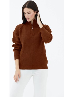 Yarım Balıkçı Yaka  Fermuarlı Yün Triko Kazak - Kiremit