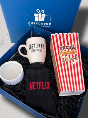 Chiccobox Netflix Kupa Bardak,mısır Kovası,netflix Siyah Çorap,dekoratif Mum,film Gecesi Hediye Kutusu