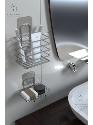 Atacı Home Paslanmaz Gümüş Metal Banyo Organizeri - Yapışkanlı Diş Fırçalık ve Sabunluk Seti - 2'li Süper Set