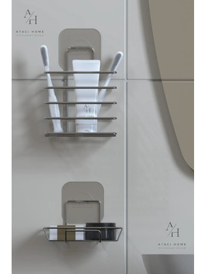 Atacı Home Paslanmaz Gümüş Metal Banyo Organizeri - Yapışkanlı Diş Fırçalık ve Sabunluk Seti - 2'li Süper Set