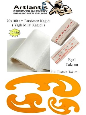 Artlantis Eşel Takımı 3 Lü Büyük Pistole Takımı ve 10 Adet Yağlı Kağıt Milaj Seti 1 Paket Eşel Cetveli Parşömen Kağıdı Moda Tasarı