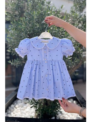 Bertuğ Bebek Mavi Dantel Süslemeli Yıldızlı Kız Çocuk Pamuklu Elbise Bebe Yaka Midi