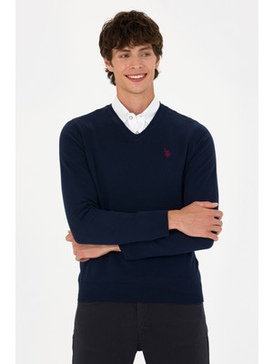 U.S. Polo Assn. Erkek V Yaka Lacivert Kazak Slim Fit Düz Renk %100 Pamuk 50275819-VR033