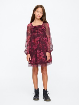 Gap Kız Çocuk Bordo Balon Kol Tül Elbise