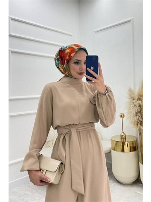 Dip Moda Kadın Bej Kuşaklı Gül Detaylı Salaş Tulum DPMS003