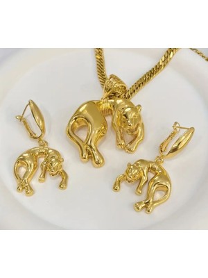 SE Jewellery 22 Ayar Gold Rengi Gösterişli Hayvan Figürlü Kolye Küpe Set