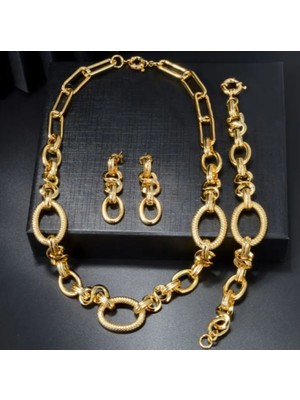 SE Jewellery Gold Renk Düğüm Detaylı Kolye Bileklik Küpe Takı Seti