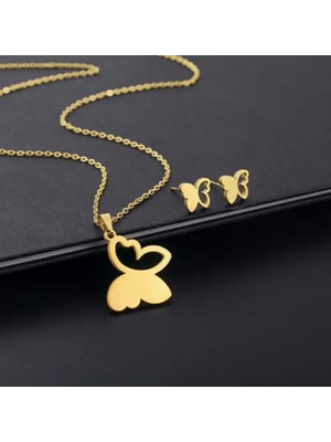 SE Jewellery Gold Kelebek Model Şık Kolye Küpe Set