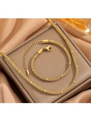 SE Jewellery Gold Dorikalı Hasır Zincir Kolye Bileklik Set