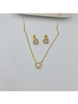 SE Jewellery Çelik Gold Mini Kalp Küpe Kolye Kadın Set