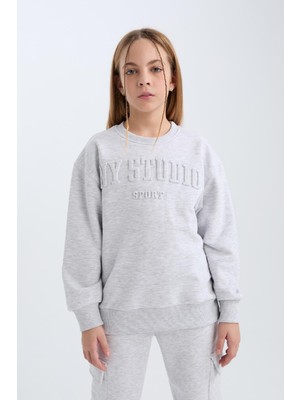 DeFacto Kız Çocuk Gri Bisiklet Yaka Baskılı Sweatshirt D6628A824AU