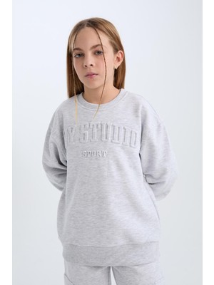 DeFacto Kız Çocuk Gri Bisiklet Yaka Baskılı Sweatshirt D6628A824AU