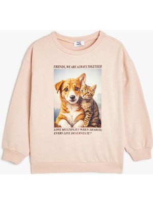 Koton Sweatshirt Bisiklet Yaka Köpek Baskılı Uzun Kollu Pamuklu