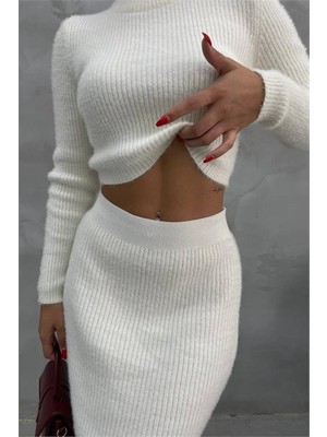 Dip Moda Kadın Ekru Crop Etekli Alt Üst Ikili Takım DPNBDM1219