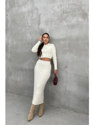 Dip Moda Kadın Ekru Crop Etekli Alt Üst Ikili Takım DPNBDM1219