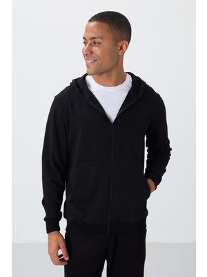 Tommy Life Siyah Kompakt Pamuklu Kalın Pürüzsüz Dokulu Kapüşonlu Comfort Fit Erkek Eşofman Takım - 85262