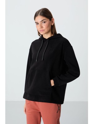 Tommy Life Siyah Kalın Yumuşak Dokulu Kapüşonlu Oversize Nakışlı Polar Kadın Sweatshirt - 97292