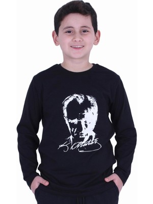 Atatürk Baskılı UZUN KOL Baskılı Atatürk Imzalı Unisex Çocuk T-shırt