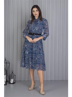 Dipmoda Kadın Indigo Kemerli Omuzları Gipeli Desenli Şifon Elbise APCX04