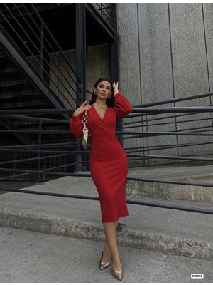 Mira Cotton Kadın Kruvaze Yaka Balon Kol Simli Krep Kumaş Midi Boy Elbise