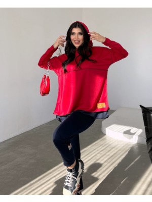 Miracotton Kadın Kırmızı Kapşonlu Etek Ucu Detay Arma Ters Dikiş Gorunumlu Ikili Takım