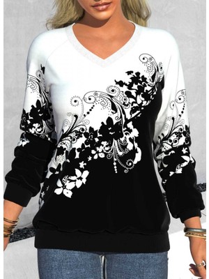 Miracotton Kadın Uzun Kollu V Yakalı Çiçek Baskılı Şardonlu Dalgıç Bluz