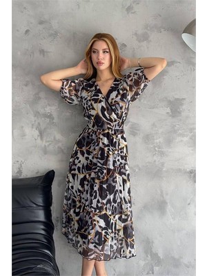 Dip Moda Dipmoda kadın siyah kruvaze yaka desenli şifon elbise DPQ001