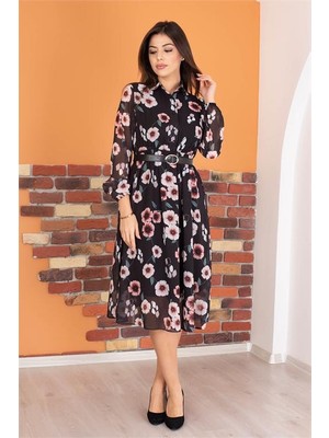 Dip Moda Dipmoda kadın gömlek yaka kemerli çiçek desenli şifon elbise DPRY0031