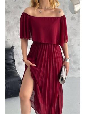 Dip Moda Dipmoda kadın madonna yaka piliseli şifon elbise DPK2099
