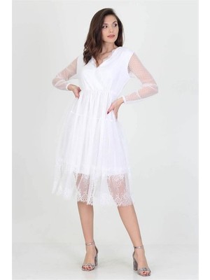 Kadın Kruvaze Yaka Eteği Güpürlü Elbise DPNB0010