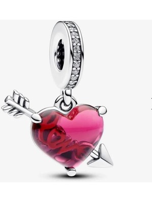 Hector Co Jewellery Kırmızı Kalp ve Ok Murano Cam Sallantılı Charm