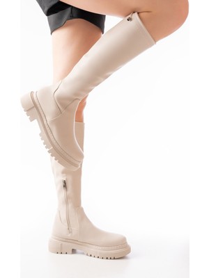 Shemard Bej Fermuarlı Günlük Kadın Çizme