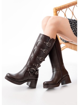 Shemard Kahverengi Topuklu Fermuarlı Toka Aksesuarlı Günlük Kadın Çizme