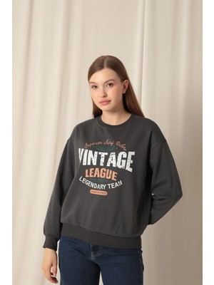 Üç Iplik Vintage Baskılı Kadın Antrasit Sweat