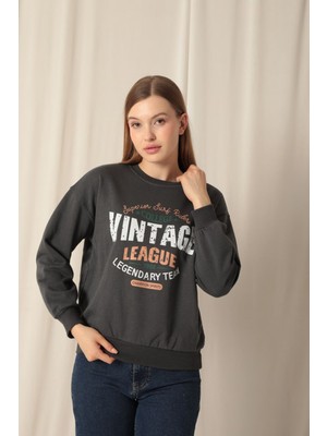 Üç Iplik Vintage Baskılı Kadın Antrasit Sweat