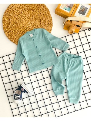 Neşeli Bebekler Çizgili Kumaş Önden Çıtçıtlı Pijama Takımı Yeşil