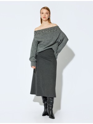 Koton x Şahika Ercümen - Metal Iplik Detaylı A Kesim Çizgili Midi Boy Etek