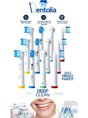 Dentolia Oral-B ve Braun Uyumlu Şarjlı Diş Fırçası Yedek Başlık 12'li Paket