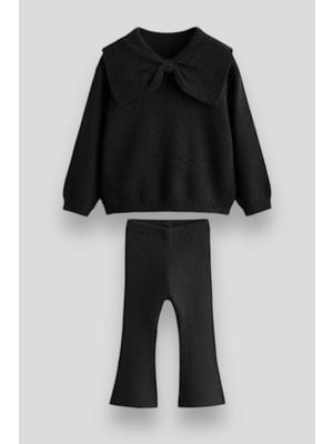 Magu Triko Fiyonk Desenli Kışlık Pamuklu Sweatshirt Tayt Alt-Üst Takım Kız Çocuk